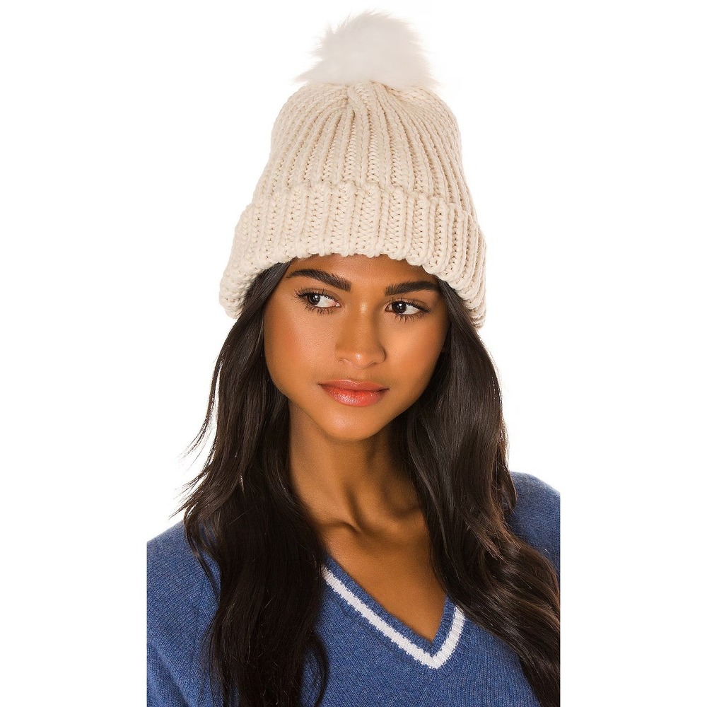 Hat Attack NY Bryce Knit Beanie Ivory Faux Fur Pom Pom Ribbed Cuffed Hat FEFA109